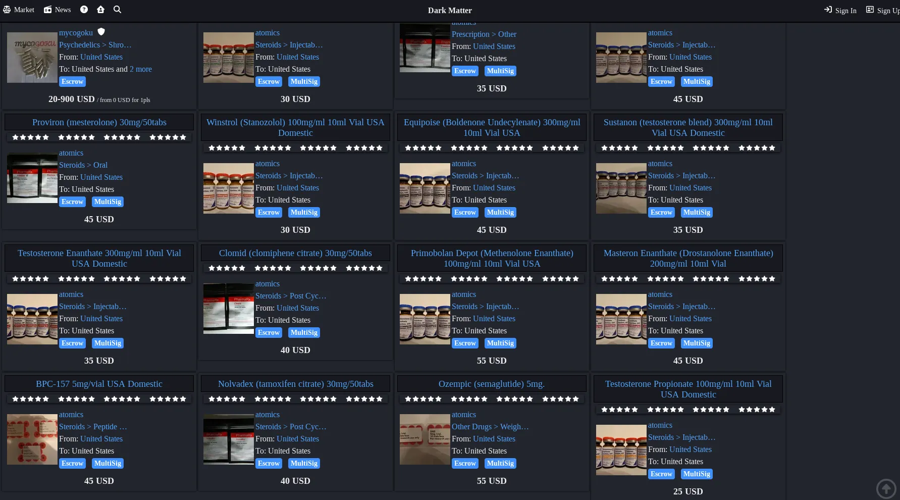 Dark Matter Market Interface Screenshot